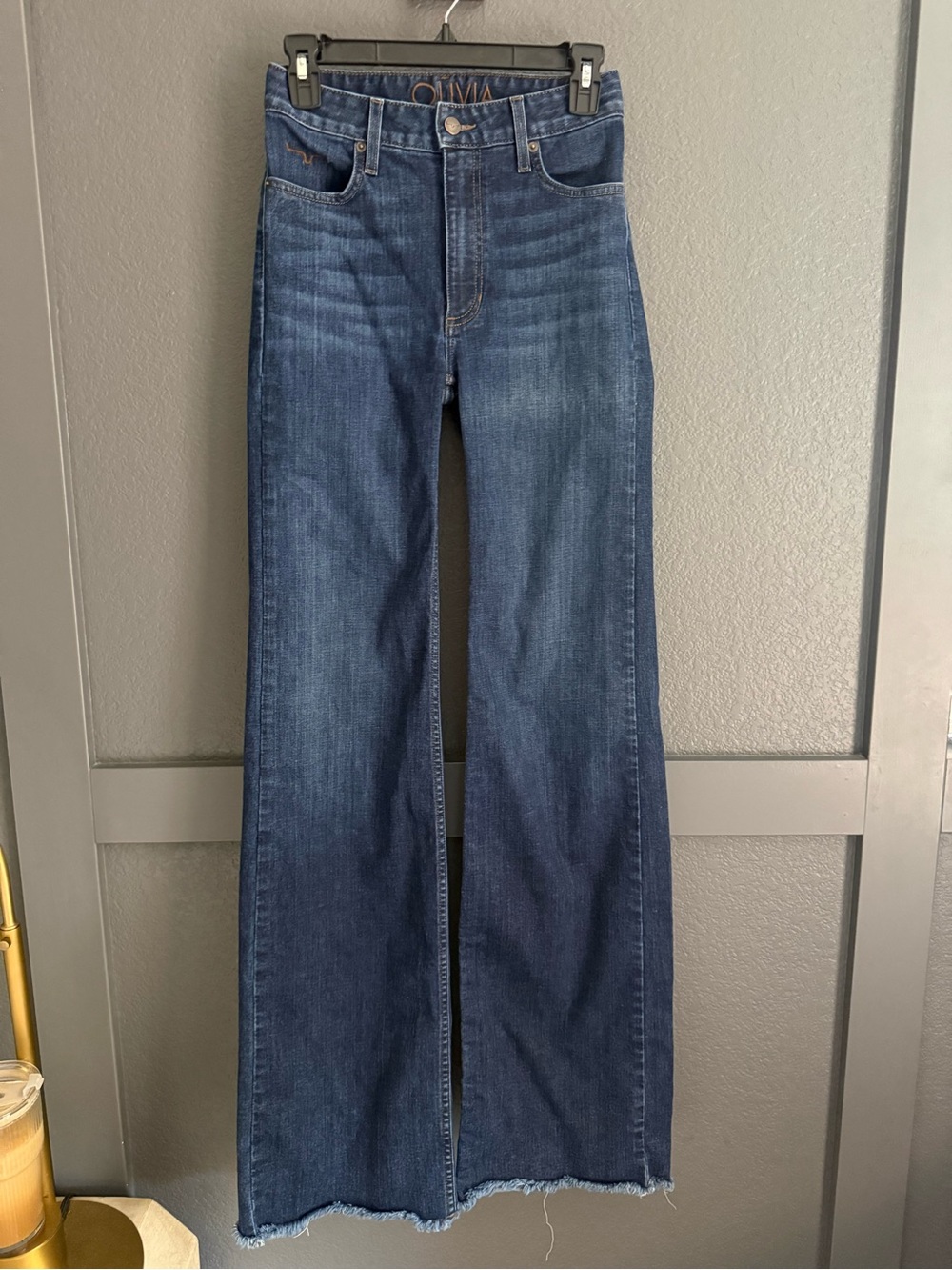 KIMES RANCH • Olivia high rise wide leg jeans dark wash raw hem size 00 / 36
